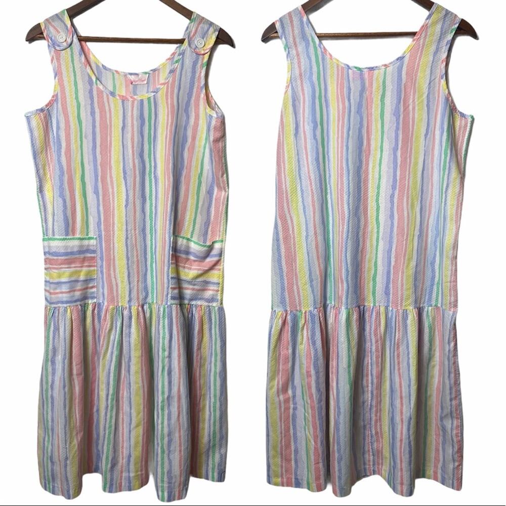 Vintage 80s Carriage Court rainbow striped cottage core Dress pockets